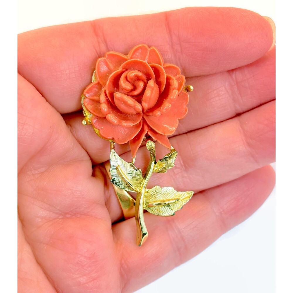 Vintage Flower Brooch, Faux Coral, Gold Tone, Rose, Celluloid, Plastic